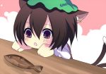  1girl animal_ears bad_id brown_eyes brown_hair cat_ears cat_tail chen earrings female fish harano hat jewelry multiple_tails open_mouth short_hair solo tail touhou upper_body 