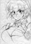  1girl :o angry bangs banpresto blush braid breasts cleavage cleavage_cutout embarrassed hair_ornament hairclip large_breasts looking_at_viewer monochrome open_mouth seolla_schweizer short_hair side_braid single_braid sketch solo super_robot_wars traditional_media turtleneck upper_body 