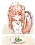  1girl animal_ears blush broccoli broccoli_dog brown_hair chair derivative_work food holo long_hair looking_at_viewer meme plate red_eyes ribbon_trim shirt solo spice_and_wolf tail toto_(mockingbird) vegetable wolf_ears 