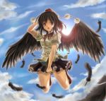  1girl black_wings feathers female hat looking_at_viewer makirin open_mouth shameimaru_aya sky solo touhou wings 