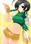  1girl bare_shoulders black_hair final_fantasy final_fantasy_vii gloves grey_eyes happy_core_(artist) headband kinoshita_ichi midriff navel ninja ninja_(final_fantasy) pointing short_hair shorts sleeveless sleeveless_turtleneck smirk solo turtleneck yuffie_kisaragi 