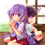  angry eating food furude_rika hanyuu heart higurashi_no_naku_koro_ni horns plaid purple_hair school_uniform serafuku smile violet_eyes 
