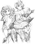  2girls armor armored_dress crown dress greyscale gwendolyn mercedes monochrome multiple_girls odin_sphere strapless strapless_dress traditional_media valkyrie velvet_(odin_sphere) wings yug 