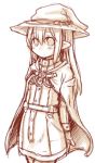  1girl 7010 brown cape hat lowres monochrome pointy_ears solo witch_hat 