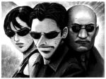  1girl 2boys glasses kaiji monochrome morpheus_(matrix) multiple_boys neo neo_(matrix) parody pince-nez style_parody sunglasses the_matrix trinity yug 