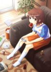  1girl brown_eyes brown_hair cellphone couch food food_in_mouth footwear game_console hyuuga_azuri juice_box kneehighs mouth_hold phone plate playing_games sitting socks solo spoon super_famicom super_nintendo toast toast_in_mouth video_game 