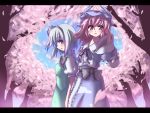  2girls cherry_blossoms female forest hat highres konpaku_youmu multiple_girls nature outdoors perfect_cherry_blossom plant saigyouji_yuyuko sakura skirt sky touhou 