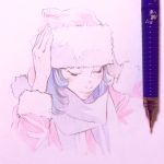  1girl blue_hair closed_eyes hat highres ilya_kuvshinov original pencil photo santa_hat scarf short_hair solo traditional_media 
