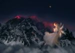  1girl archlich bad_id blonde_hair female lily_white long_hair moon mountain nature night scenery snow solo touhou volcano wings 