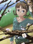  1girl akizuki_ritsuko blue_shirt blue_sky braid branch brown_eyes brown_hair cherry_blossoms glasses goggles grass green_pants idolmaster inu_(aerodog) pants road shadow shirt sky solo tree 