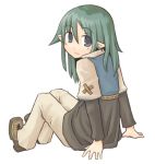  1girl 7010 green_hair lowres pointy_ears sitting solo 