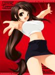  1girl breasts brown_eyes brown_hair copyright_name final_fantasy final_fantasy_vii happy_core_(artist) kinoshita_ichi large_breasts long_hair low-tied_long_hair midriff miniskirt pencil_skirt red_background skirt solo tied_hair tifa_lockhart 