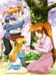  4girls blonde_hair blue_hair casual chopsticks closed_eyes feeding food heterochromia hug kneeling lyrical_nanoha mahou_shoujo_lyrical_nanoha mahou_shoujo_lyrical_nanoha_strikers multiple_girls okuda_yasuhiro orange_hair redhead side_ponytail subaru_nakajima takamachi_nanoha teana_lanster twintails vivio yuri 