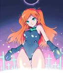  1girl alternate_costume aqua_eyes bangs bare_shoulders blue_eyes clenched_hands cowboy_shot cross elbow_gloves gloves glowing gradient hair_ornament halterneck kasai_shin leotard light_particles long_hair looking_at_viewer neon_genesis_evangelion neon_trim orange_hair parted_bangs parted_lips plugsuit redhead solo souryuu_asuka_langley thigh_gap thighs turtleneck wavy_hair 