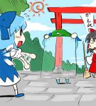  3girls cirno female hakurei_reimu kawashiro_nitori lowres multiple_girls sakumo sakumo_(karatama) torii touhou 