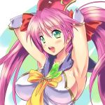  1girl armpits arms_behind_back arms_behind_head blush bow breasts cave_(developer) elbow_gloves erect_nipples gloves green_eyes headdress large_breasts long_hair mushihime-sama mushihime-sama_futari open_mouth pink_hair reco shinozuka_atsuto sideboob solo twintails upper_body yellow_bow 