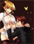  1boy 1girl beatrice blonde_hair blue_eyes blush bottomless breasts brown_eyes brown_hair butterfly cleavage fang femdom flower formal frame hair_flower hair_ornament hand_on_hip hips holding kiseru large_breasts pipe sparkle striped striped_legwear suzushiro_kurumi thigh-highs umineko_no_naku_koro_ni undressing ushiromiya_battler 