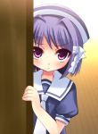  1girl ascot child clannad dixie_cup_hat frown fujibayashi_kyou hat if_they_mated military_hat okazaki_ushio peeking_out purple_hair sailor_collar school_uniform serafuku solo violet_eyes younger yukizuki_chikuba 