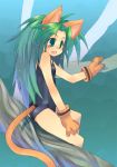  1girl animal_ears cat_ears cat_tail cham_cham child fang flat_chest gloves green_eyes green_hair long_hair one-piece_swimsuit paw_gloves samurai_spirits school_swimsuit solo swimsuit tail toba_hiyoko 