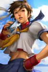  1girl 90s brown_hair capcom drink gloves headband kasugano_sakura necktie pocari_sweat school_uniform serafuku short_hair solo stanley_lau street_fighter street_fighter_zero street_fighter_zero_(series) 