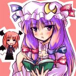 2girls bat_wings blue_ribbon blush book bow crescent crescent_hair_ornament female hair_ornament hat head_wings koakuma long_hair looking_at_viewer mob_cap multiple_girls patchouli_knowledge pink_bow purple_hair reading red_ribbon redhead ribbon simple_background tail the_embodiment_of_scarlet_devil tokiniwa touhou vertical_stripes violet_eyes wings