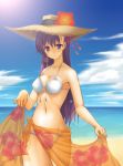  1girl beach bikini fate/stay_night fate_(series) flower hat lens_flare long_hair matou_sakura minakuchi_takashi sarong solo straw_hat swimsuit violet_eyes white_bikini 