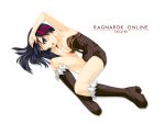  1girl alchemist alchemist_(ragnarok_online) arm_up black_hair blush boots breast_clinging breasts cleavage dress green_eyes hair_ribbon happy_core_(artist) highres kinoshita_ichi lying on_side parted_lips ragnarok_online ribbon short_dress small_breasts solo strapless strapless_dress 