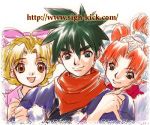  1boy 2girls blonde_hair brown_eyes elena_(grandia) game_arts grandia grandia_ii green_eyes lowres millenia_(grandia) multiple_girls redhead ryudo_(grandia) sigh-kick 