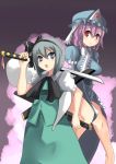  2girls :o blue_dress dress female green_dress hairband hitodama holding holding_weapon johnny_funamushi katana konpaku_youmu konpaku_youmu_(ghost) looking_at_viewer multiple_girls open_mouth over_shoulder pink_hair puffy_short_sleeves puffy_sleeves red_eyes saigyouji_yuyuko short_hair short_sleeves sword touhou triangular_headpiece weapon 