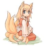 1girl 7010 animal_ears barefoot feet fox_ears fox_tail japanese_clothes kneeling looking_at_viewer lowres multiple_tails sitting smile solo tail wariza 