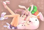  1girl animal_ears animal_hood animal_slippers arms_up bangs breasts brown_background bunny_hood bunny_slippers bunny_tail eyebrows full_body hood kurohara_yuu leaning_back legs_up long_hair long_sleeves open_mouth original pink_hair pointy_breasts polka_dot polka_dot_background rabbit_ears red_eyes shorts sitting solo stuffed_animal stuffed_bunny stuffed_toy tail tail_through_clothes 