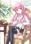  book chair legs_crossed long_hair louise_francoise_le_blanc_de_la_valliere oryou pink_eyes pink_hair sitting thigh-highs wand zero_no_tsukaima zettai_ryouiki 