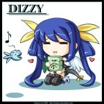  1girl =_= arc_system_works asymmetrical_wings blue_hair chibi dizzy guilty_gear heart musical_note ribbon solo tail tail_ribbon thigh-highs wings 