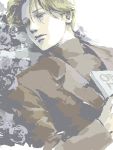  1boy as_(ashes) bishounen blonde_hair book closed_mouth flower half-closed_eyes jacket johan_liebert long_sleeves lowres lying male_focus monster_(manga) on_back sketch solo turtleneck upper_body 