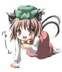  1girl animal_ears brown_eyes brown_hair cat_ears cat_tail chen chibi crawling earrings fang female footwear full_body hat jewelry lowres multiple_tails nyan paw_pose short_hair simple_background smile socks solo subaru_noji tail touhou 
