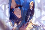  blue_eyes blue_hair earpiece glasses panamaman ribbon smile 