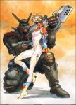  80s appleseed bare_shoulders bodysuit boots briareos_hecatonchires brown_hair deunan_knute fingerless_gloves gloves green_eyes gun highres intron_depot oldschool rifle robot_ears shirou_masamune short_hair size_difference skin_tight weapon 