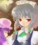  2girls bangs blue_dress blunt_bangs braid dress female frills hat izayoi_sakuya jitome looking_at_viewer maid_headdress mo mob_cap multiple_girls patchouli_knowledge puffy_short_sleeves puffy_sleeves purple_hair red_eyes short_sleeves shunsei_(muratou) silver_hair striped touhou twin_braids vertical_stripes violet_eyes 