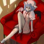  1girl blue_hair dress female hat indoors lowres remilia_scarlet solo touhou wings 