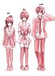  1boy 2girls comparison dual_persona embarrassed genderswap kyon kyonko monochrome multiple_girls pink ponytail school_uniform sequential serafuku short_hair skirt skirt_tug suzumiya_haruhi_no_yuuutsu thigh-highs translated translation_request yin_xing_zi zettai_ryouiki 