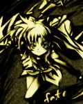  00s 1girl character_name closed_mouth dress expressionless fate_testarossa long_sleeves looking_at_viewer lyrical_nanoha mahou_shoujo_lyrical_nanoha monochrome nekomamire solo uniform yellow 