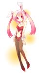  1girl animal_ears bad_id bare_shoulders breasts bunnysuit cleavage detached_collar fishnet_pantyhose fishnets navel_cutout original pantyhose pink_eyes pink_hair rabbit_ears simple_background small_breasts solo tachitsu_teto thigh_gap twintails wrist_cuffs 