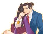  1boy 1girl ahoge ayasato_mayoi black_hair blue_eyes blush capcom formal gyakuten_saiban half_updo japanese_clothes jewelry long_hair lowres magatama naruhodou_ryuuichi necklace necktie suit sweatdrop 