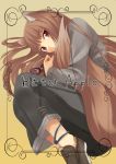 1girl animal_ears anklet brown_hair date_(senpen) holo jewelry long_hair no_socks red_eyes solo spice_and_wolf tail tail_hug wolf_ears wolf_tail 