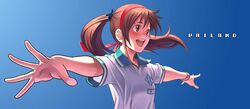  1girl aoi_sora_(pairan) face foreshortening hairband hands open_mouth original outstretched_arms pairan ribbon round_teeth simple_background smile solo spread_arms teeth twintails wristband 