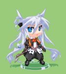  1girl armor axe blue_eyes boots bow female gauntlets hair_bow hatchet living_hair long_hair lowres mof mof&#039;s_silver_haired_twintailed_girl oekaki original silver_hair simple_background solo twintails very_long_hair weapon 