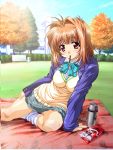  1girl arm_support autumn bench blanket blush bow breasts brown_hair footwear grass kawai_rie loose_socks lovers mouth_hold open_clothes open_shirt outdoors pocky red_eyes school_uniform serafuku shirt short_hair skirt sky snack socks solo taki_minashika tree 