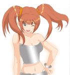  1girl bare_shoulders breasts brown_hair cleavage grey_eyes idolmaster older one_eye_closed small_breasts solo takatsuki_yayoi twintails willwind30 wink 
