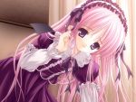  1girl adjusting_hair cafe_little_wish game_cg gothic gothic_lolita hairband lolita_fashion long_hair magical_tale pink_hair pointy_ears ribbon sasha_(magical_tale) solo tinker_bell violet_eyes wings 