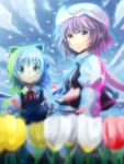  2girls :&lt; blue_eyes blue_hair blurry cirno clouds depth_of_field female flower from_side hat hyuuga_azuri letty_whiterock looking_at_viewer multiple_girls petals purple_hair sad sky touhou tulip 